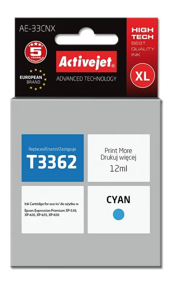 ⁨Activejet AE-33CNX ink (replacement for Epson 33XL T3362; Supreme; 12 ml; cyan)⁩ at Wasserman.eu