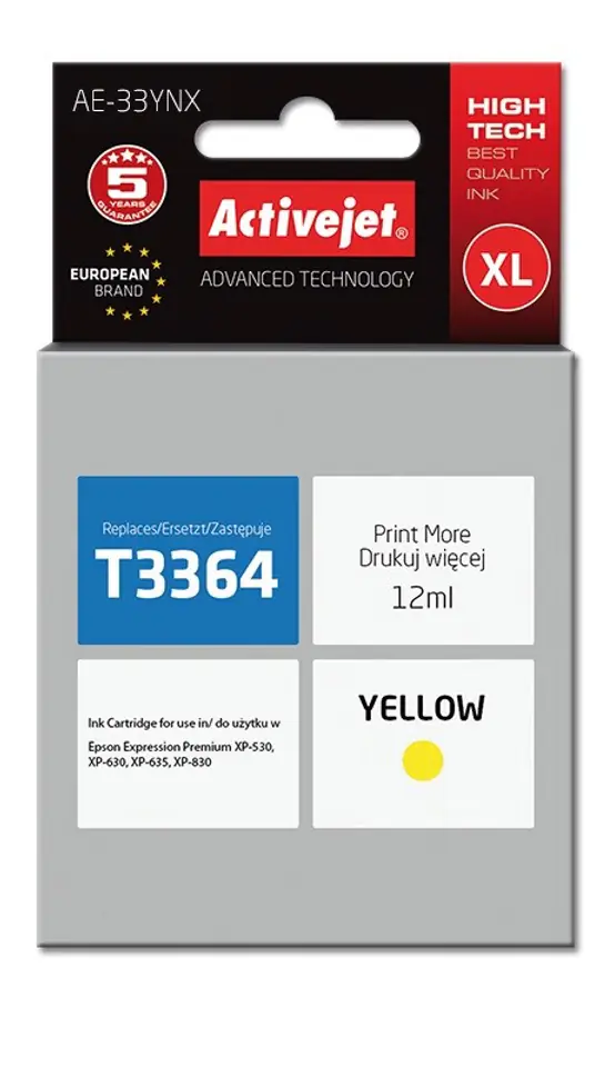 ⁨Activejet AE-33YNX ink (replacement for Epson 33XL T3364; Supreme; 12 ml; yellow)⁩ at Wasserman.eu