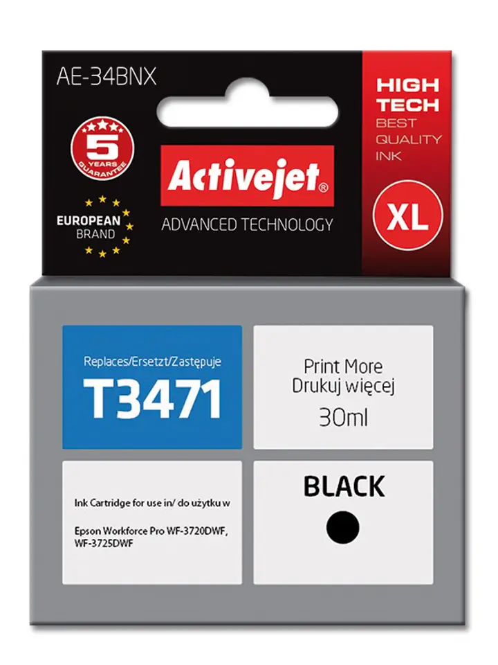 ⁨Tusz Activejet AE-34BNX (zamiennik Epson 34XL T3471; Supreme; 30 ml; czarny)⁩ w sklepie Wasserman.eu