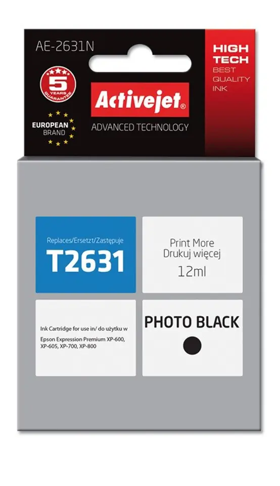 ⁨Activejet AE-2631N Ink (replacement for Epson 26 T2631; Supreme; 12 ml; black)⁩ at Wasserman.eu