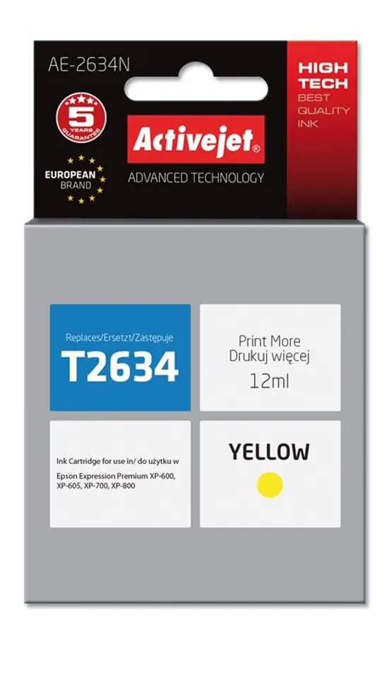 ⁨Tusz Activejet AE-2634N (zamiennik Epson 26 T2634; Supreme; 12 ml; żółty)⁩ w sklepie Wasserman.eu
