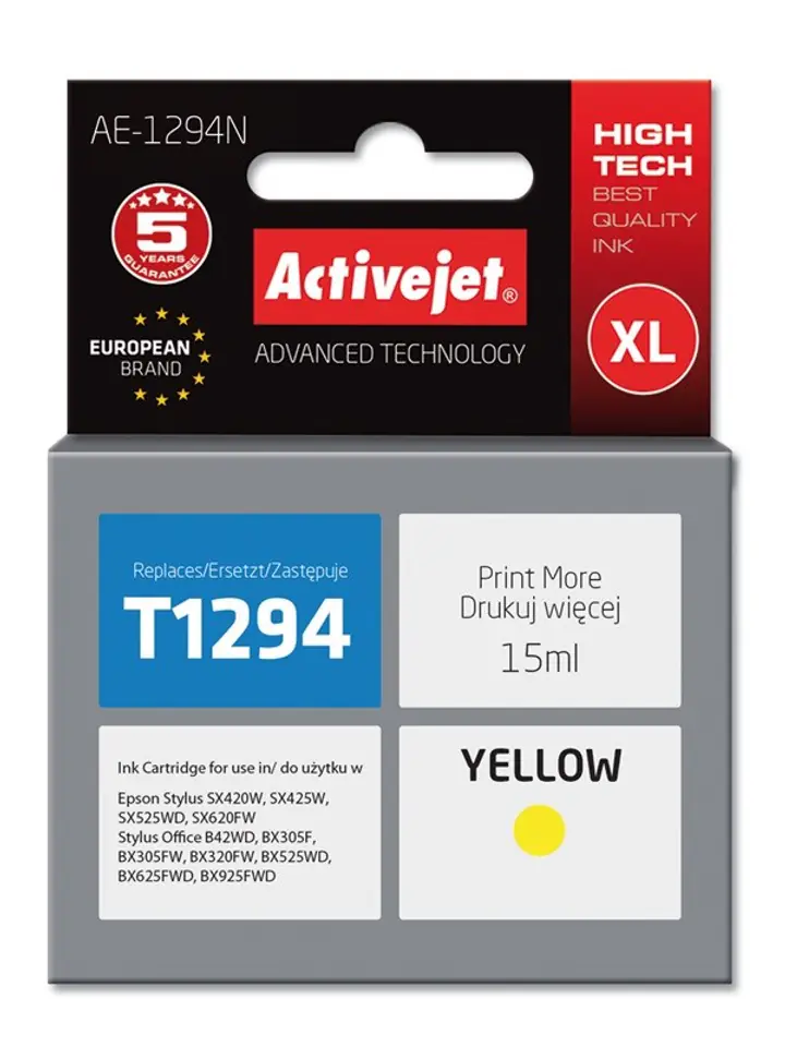 ⁨Activejet AE-1294N Ink cartridge (replacement for Epson T1294; Supreme; 15 ml; yellow)⁩ at Wasserman.eu