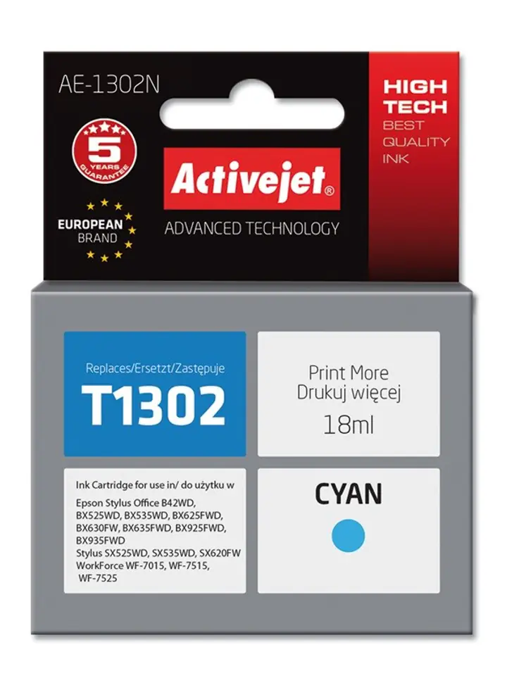 ⁨Activejet AE-1302N Ink (replacement for Epson T1302; Supreme; 18 ml; cyan)⁩ at Wasserman.eu