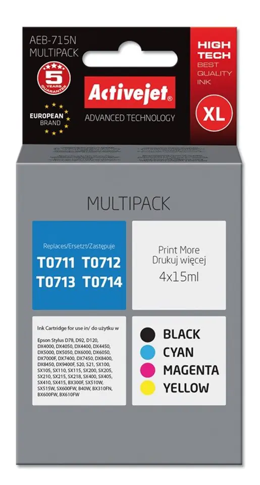 ⁨Activejet AEB-715N Tusz (zamiennik Epson T0715; Supreme; 4 x 15 ml; czarny, czerwony, niebieski, żółty)⁩ w sklepie Wasserman.eu