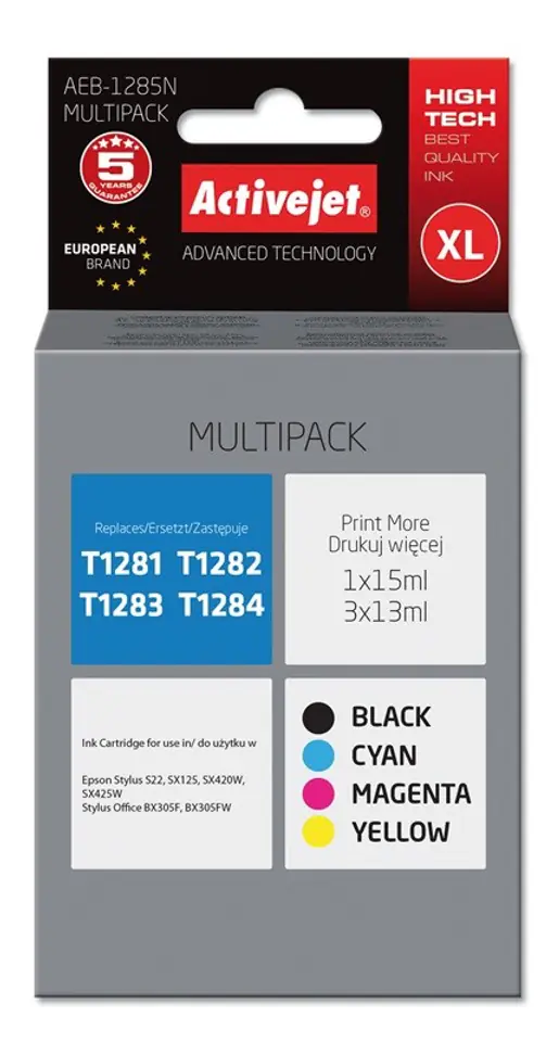 ⁨Activejet AEB-1285N Ink (replacement for Epson T1281, T1282, T1283, T1284; Supreme; 1 x 15 ml, 3 x 13 ml; black, magenta, cyan, yellow)⁩ at Wasserman.eu