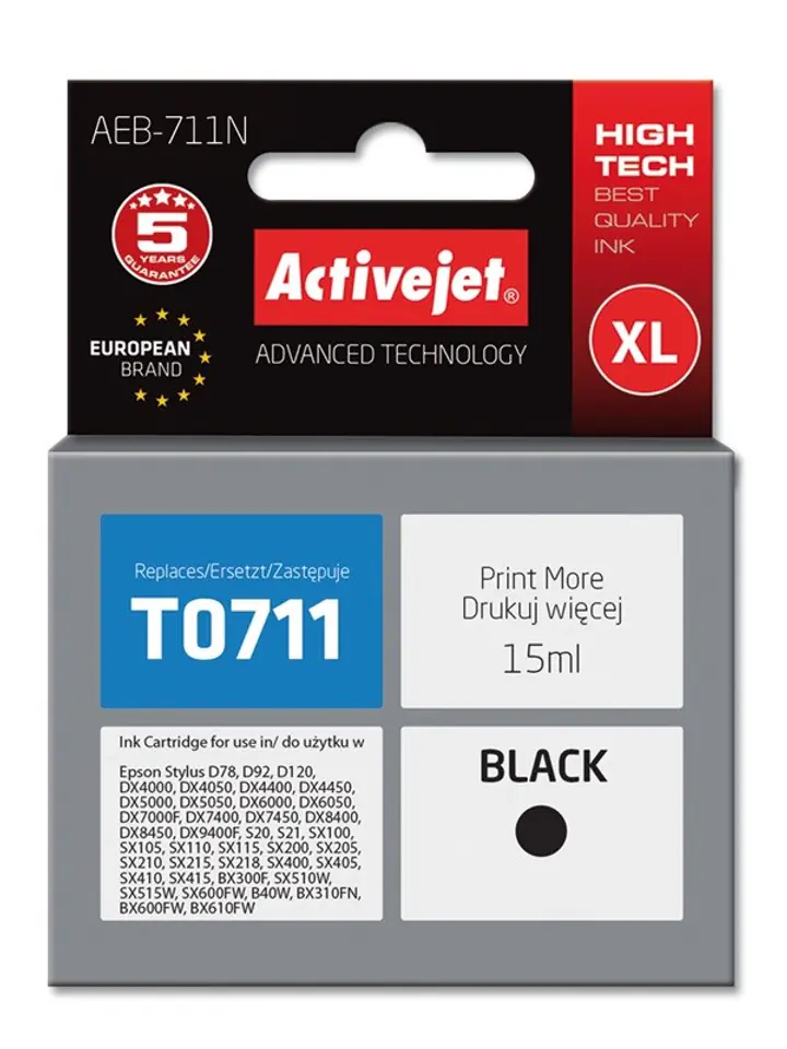 ⁨Activejet AEB-711N Tusz (zamiennik Epson T0711, T0891, T1001; Supreme; 15 ml; czarny)⁩ w sklepie Wasserman.eu