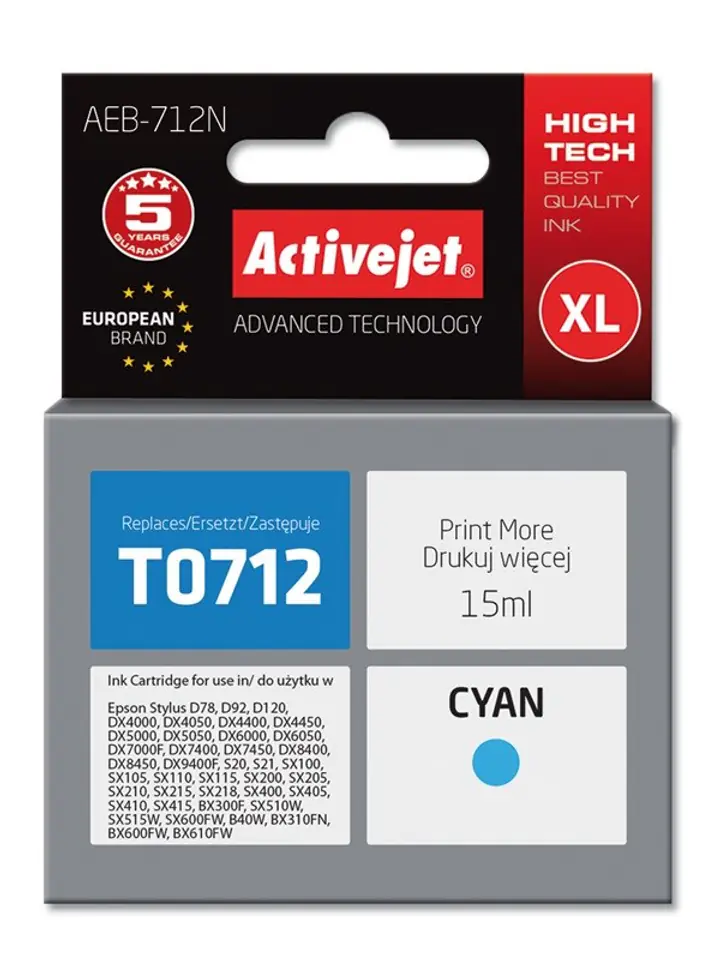 ⁨Activejet AEB-712N Ink cartridge (replacement for Epson T0712, T0892, T1002; Supreme; 15 ml; cyan)⁩ at Wasserman.eu