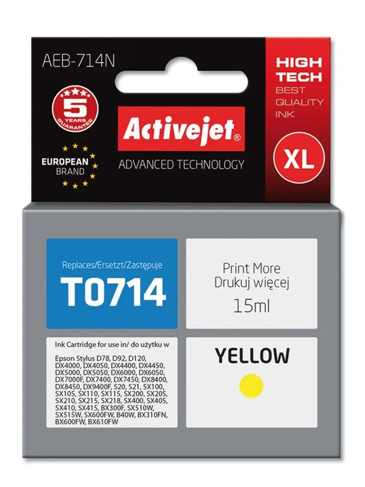 ⁨Activejet AEB-714N Ink cartridge (replacement for Epson T0714, T0894, T1004; Supreme; 15 ml; yellow)⁩ at Wasserman.eu