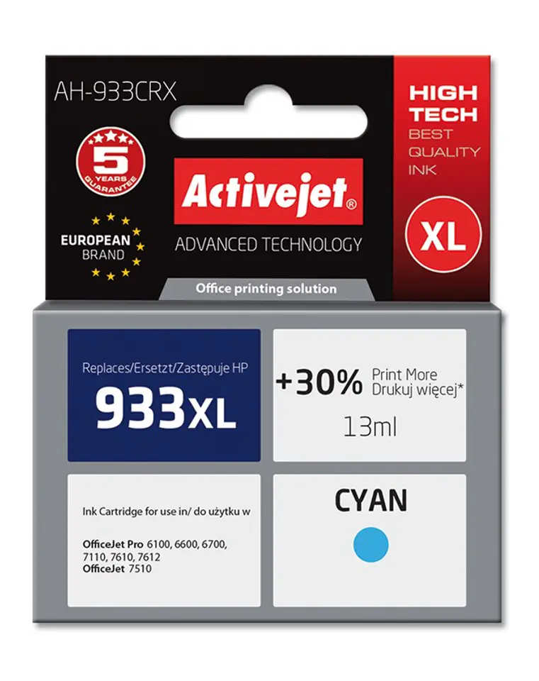 ⁨Activejet AH-933CRX Tusz (zamiennik HP 933XL CN054AE; Premium; 13 ml; niebieski)⁩ w sklepie Wasserman.eu