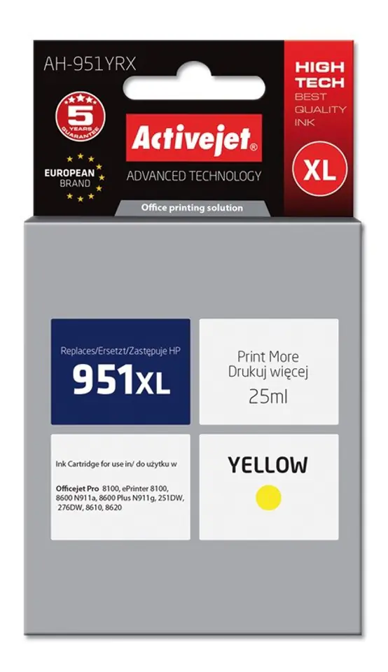 ⁨Activejet AH-951YRX Ink Cartridge (replacement for HP 951XL CN048AE; Premium; 25 ml; yellow)⁩ at Wasserman.eu