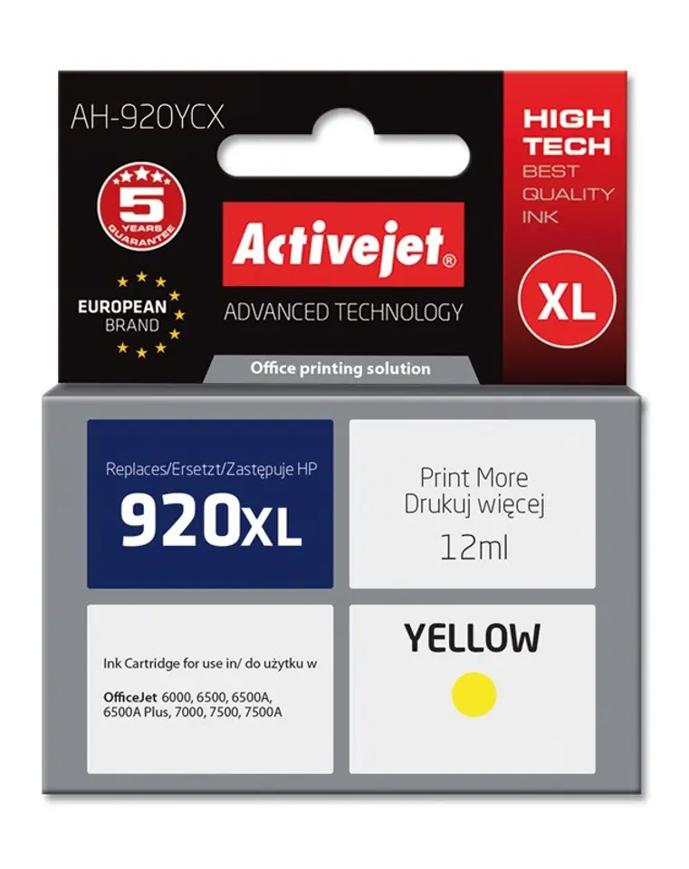 ⁨Activejet AH-920YCX Tusz (zamiennik HP 920XL CD974AE; Premium; 12 ml; żółty)⁩ w sklepie Wasserman.eu