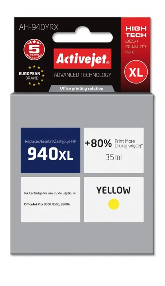 ⁨Activejet AH-940YRX Ink (replacement for HP 940XL C4909AE; Premium; 35 ml; yellow)⁩ at Wasserman.eu