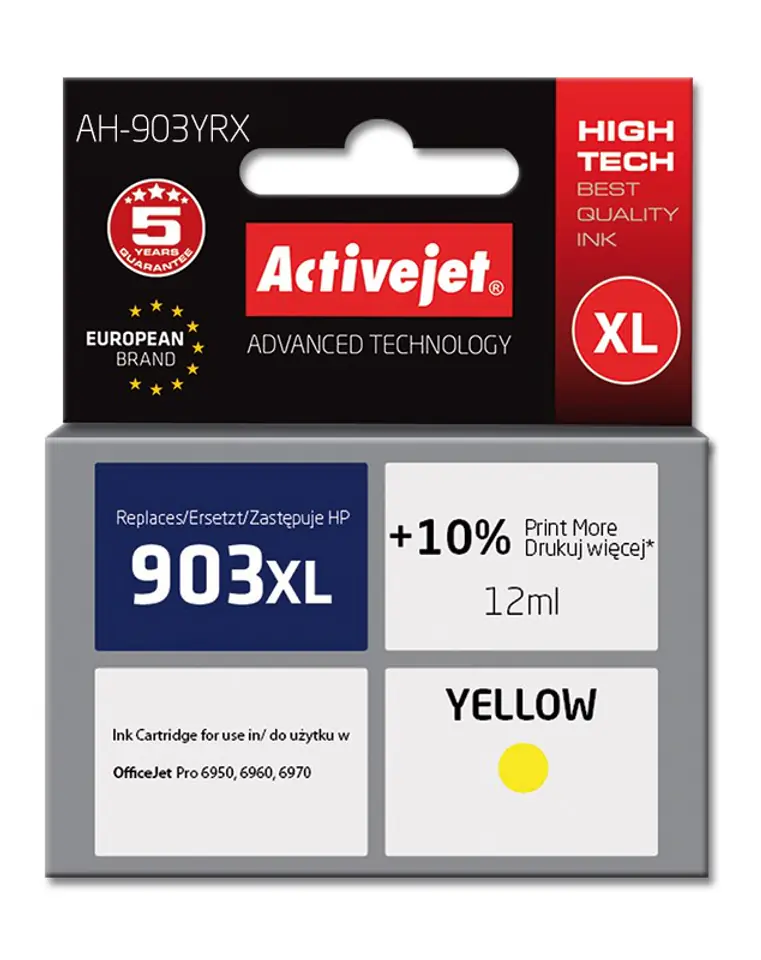 ⁨Activejet AH-903YRX ink (replacement for HP 903XL T6M11AE; Premium; 12 ml; yellow)⁩ at Wasserman.eu