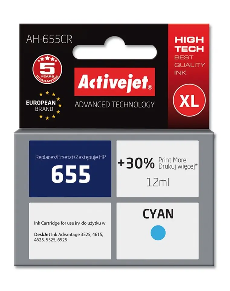 ⁨Activejet AH-655CR ink (replacement for HP 655 CZ110AE; Premium; 12 ml; cyan)⁩ at Wasserman.eu