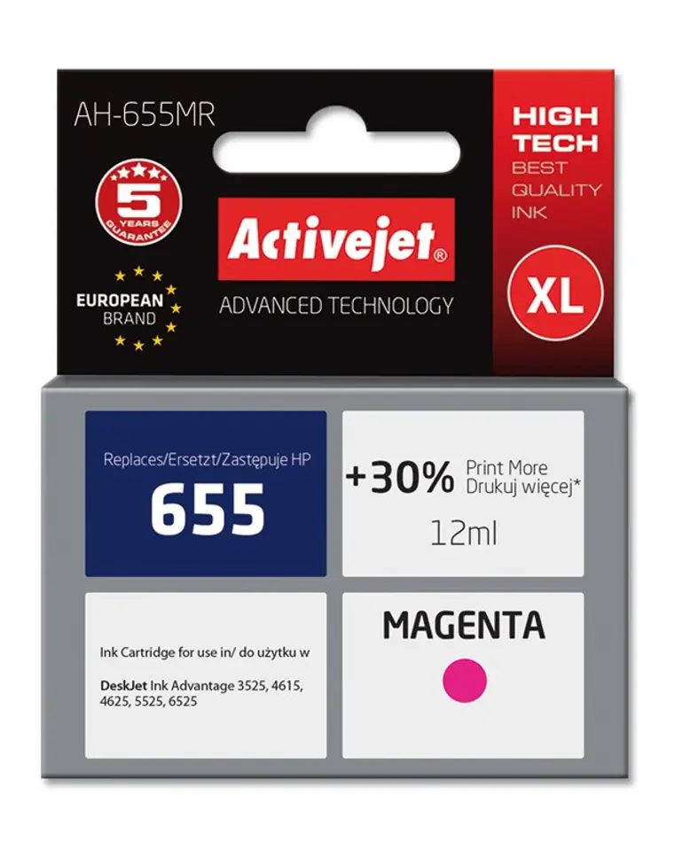 ⁨Activejet AH-655MR ink (replacement for HP 655 CZ111AE; Premium; 12 ml; magenta)⁩ at Wasserman.eu