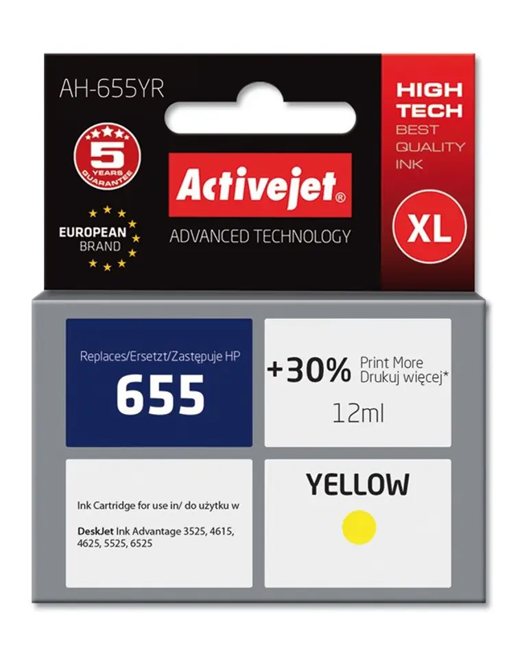 ⁨Activejet AH-655YR ink (replacement for HP 655 CZ112AE; Premium; 12 ml; yellow)⁩ at Wasserman.eu