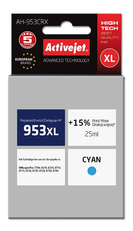 ⁨Activejet AH-953CRX Tusz (zamiennik HP 953XL F6U16AE; Premium; 25 ml; niebieski)⁩ w sklepie Wasserman.eu