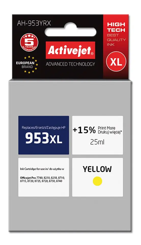 ⁨Activejet AH-953YRX ink (replacement for HP 953XL F6U18AE; Premium; 25 ml; yellow)⁩ at Wasserman.eu