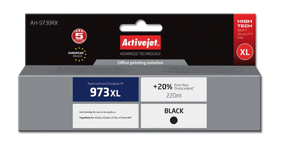 ⁨Activejet AH-973BRX ink (replacement for HP 973XL L0S07AE; Premium; 220 ml; black)⁩ at Wasserman.eu