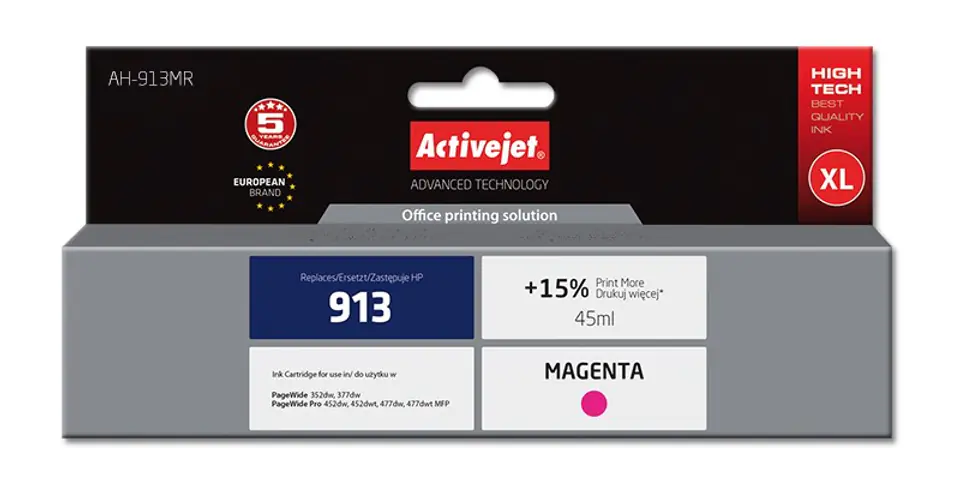 ⁨Activejet AH-913MR ink (replacement for HP 913 F6T78AE; Premium; 45 ml; magenta)⁩ at Wasserman.eu