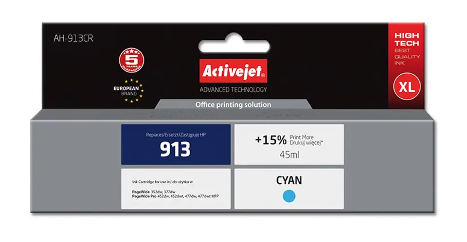 ⁨Activejet AH-913CR ink (replacement for HP 913 F6T77AE; Premium; 45 ml; cyan)⁩ at Wasserman.eu