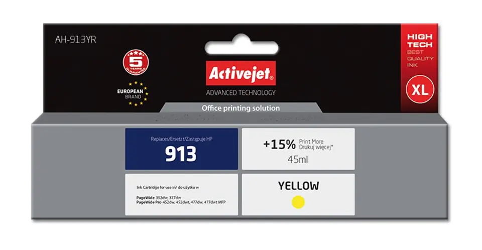 ⁨Activejet AH-913YR Ink (replacement for HP 913 F6T79AE; Premium; 45 ml; yellow)⁩ at Wasserman.eu