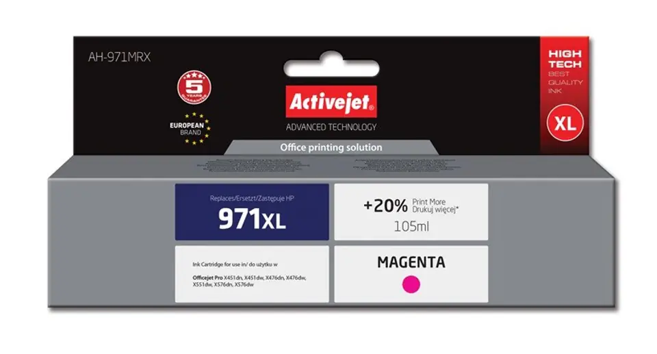 ⁨Activejet AH-971MRX ink (replacement for HP 971XL CN627AE; Premium; 100 ml; magenta)⁩ at Wasserman.eu