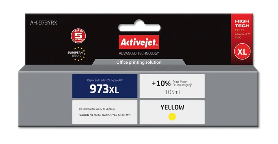 ⁨Activejet AH-973YRX ink (replacement for HP 973XL F6T83AE; Premium; 105 ml; yellow)⁩ at Wasserman.eu