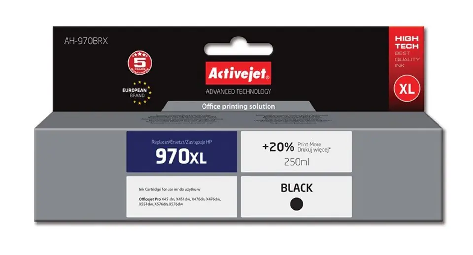 ⁨Activejet AH-970BRX ink (replacement for HP 970XL CN625AE; Premium; 250 ml; black)⁩ at Wasserman.eu