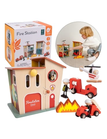 ⁨CLASSIC WORLD Remiza Strażacka Drewniana Garaż Auto Helikopter Figurki 13el.⁩ w sklepie Wasserman.eu