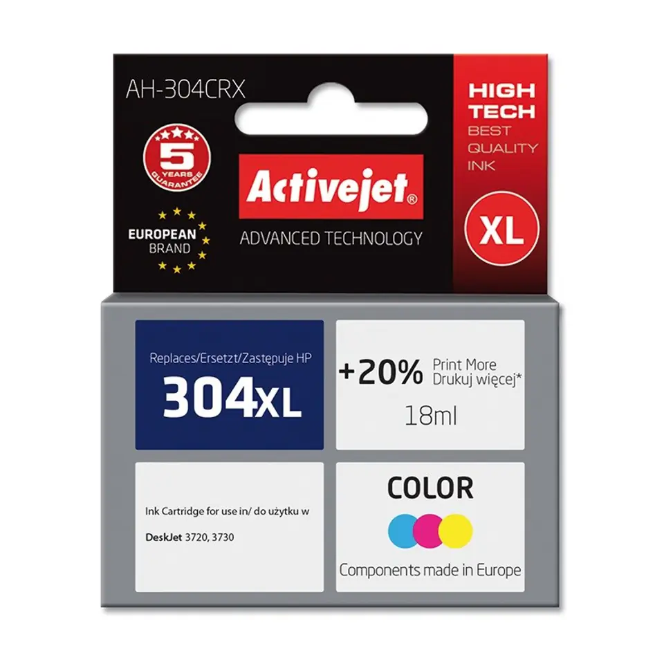 ⁨Activejet AH-304CRX ink (replacement for HP 304XL N9K07AE; Premium; 18 ml; color)⁩ at Wasserman.eu