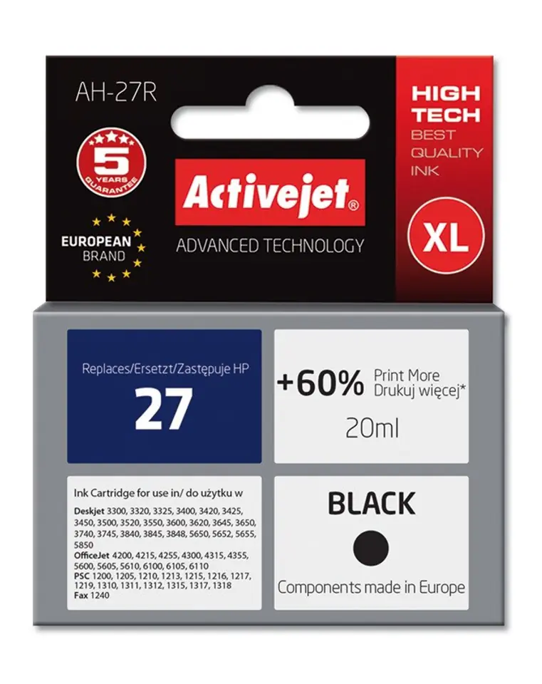 ⁨Activejet AH-27R Ink cartridge (replacement for HP 27 C8727A; Premium; 20 ml; black)⁩ at Wasserman.eu