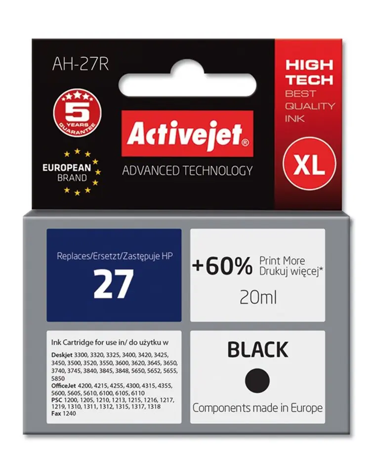 ⁨Activejet AH-27R Tusz (zamiennik HP 27 C8727A; Premium; 20 ml; czarny)⁩ w sklepie Wasserman.eu