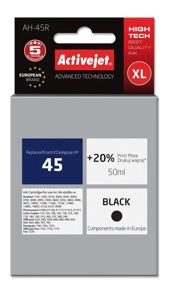 ⁨Activejet AH-45R Ink Cartridge (replacement for HP 45 51645A; Premium; 50 ml; black)⁩ at Wasserman.eu