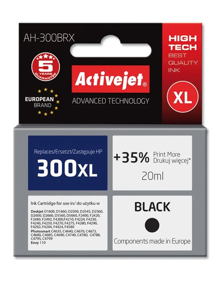 ⁨Activejet AH-300BRX Ink (replacement for HP 300XL CC641EE; Premium; 20 ml; black)⁩ at Wasserman.eu