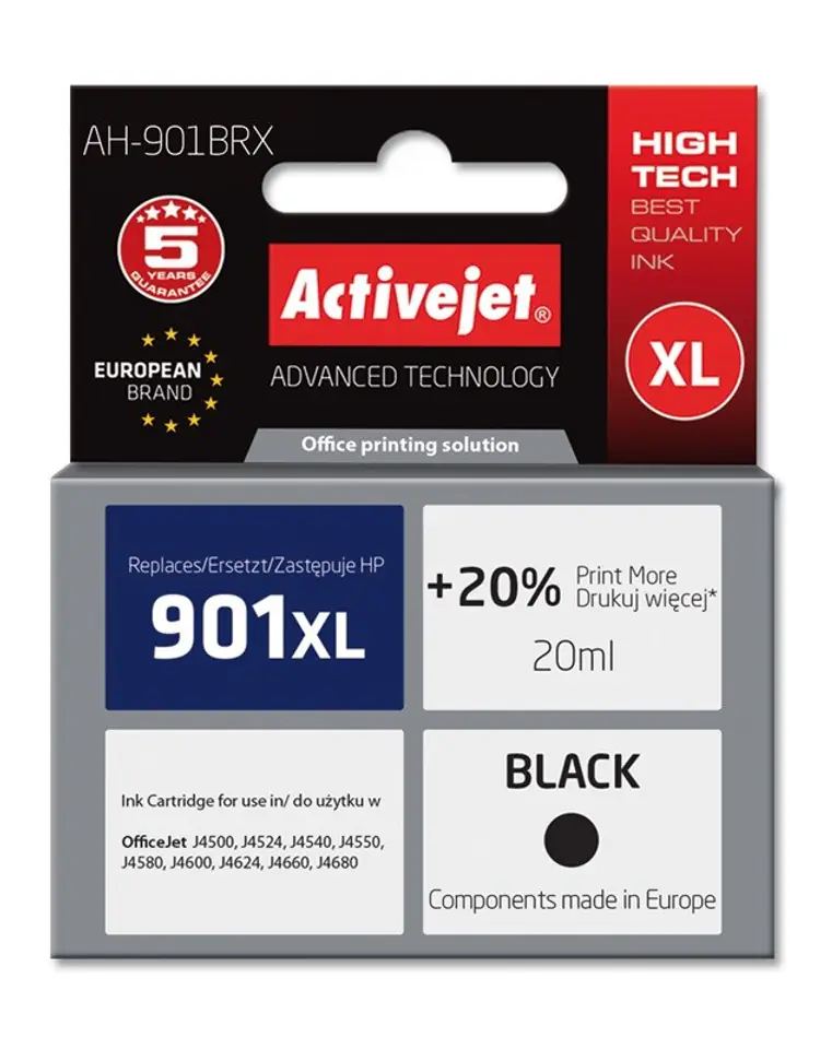 ⁨Activejet AH-901BRX Ink (replacement for HP 901XL CC654AE; Premium; 20 ml; black)⁩ at Wasserman.eu