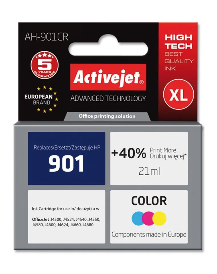 ⁨Activejet AH-901CR Ink (replacement for HP 901 CC656AE; Premium; 21 ml; colour)⁩ at Wasserman.eu