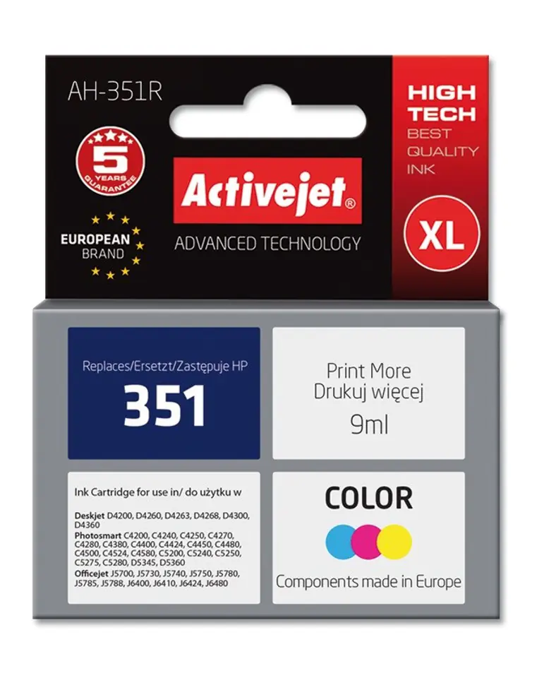 ⁨Activejet AH-351R ink (replacement for HP 351 CB337EE; Premium; 9 ml; color)⁩ at Wasserman.eu