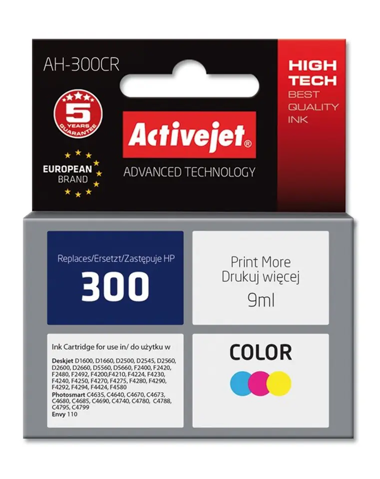 ⁨Activejet AH-300CR Ink (replacement for HP 300 CC643EE; Premium; 9 ml; colour)⁩ at Wasserman.eu