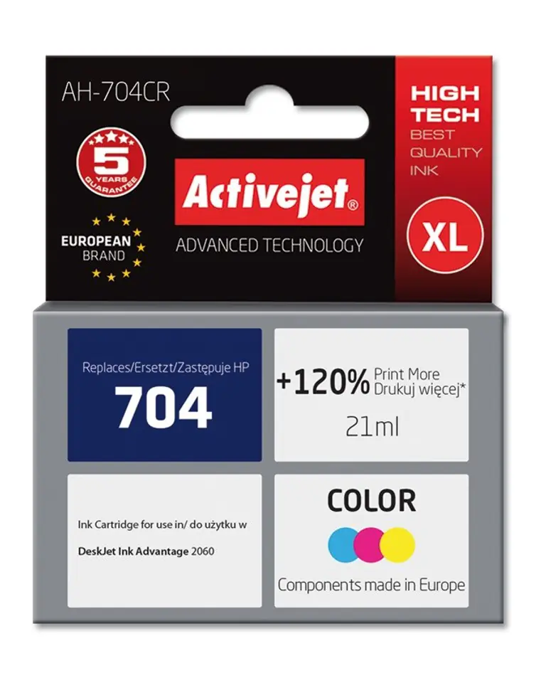 ⁨Activejet AH-704CR HP Printer Ink, Compatible with HP 704 CN693AE;  Premium;  21 ml;  colour. Prints 120% more.⁩ at Wasserman.eu