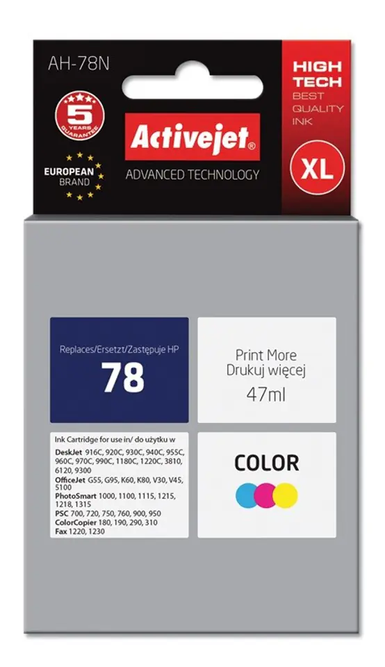⁨Tusz Activejet AH-78N (zamiennik HP 78 C6578D; Supreme; 47 ml; kolor)⁩ w sklepie Wasserman.eu
