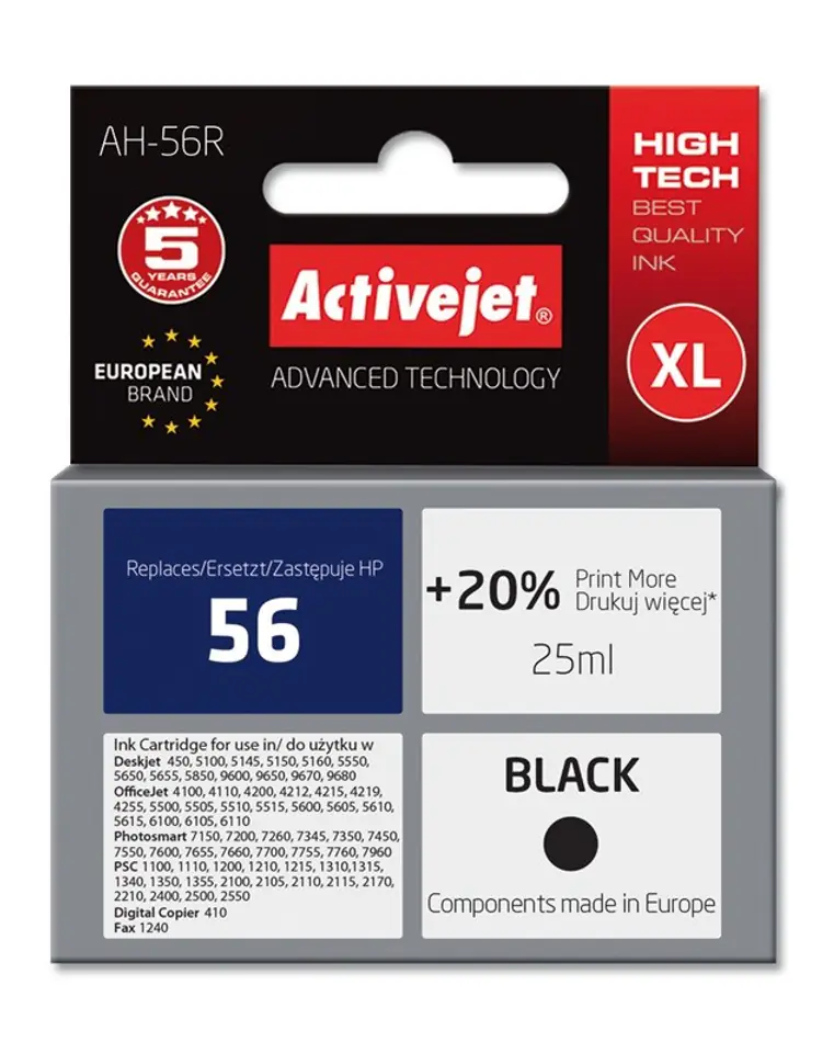 ⁨Activejet AH-56R Ink cartridge (replacement for HP 56 C6656A; Premium; 25 ml; black)⁩ at Wasserman.eu