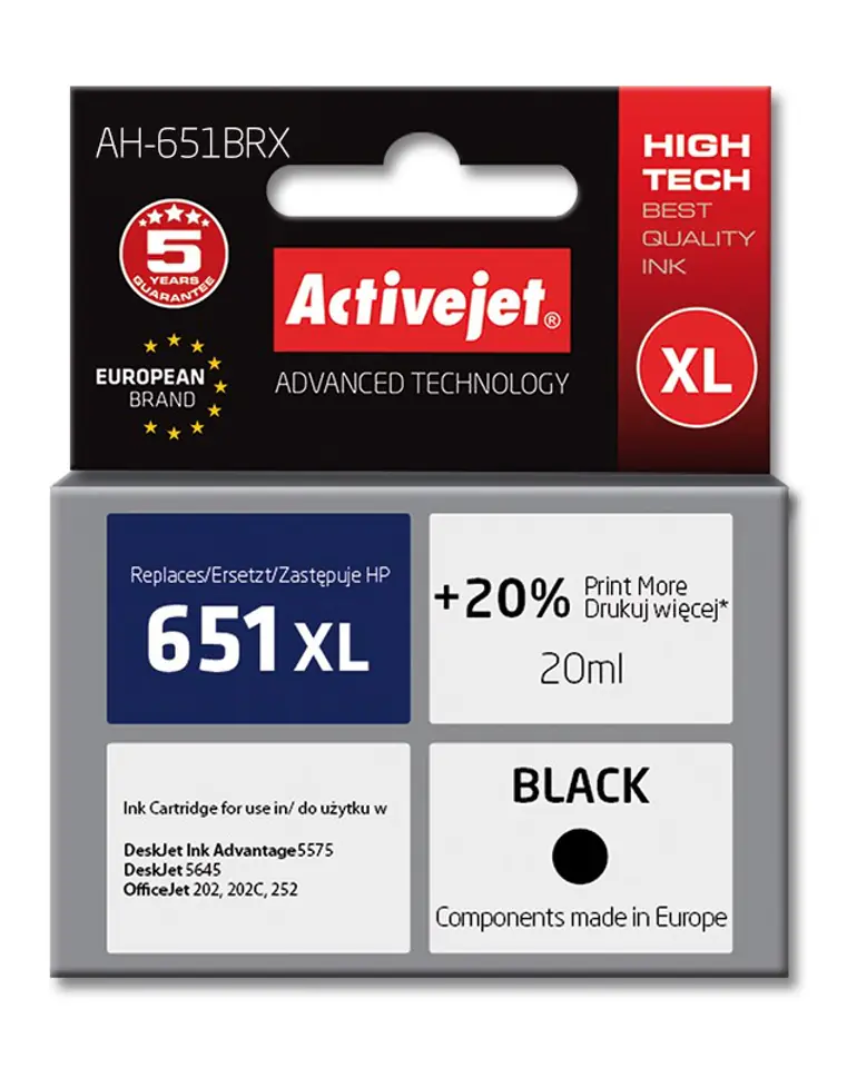 ⁨Activejet AH-651BRX Ink (replacement for HP 651 C2P10AE; Premium; 20 ml; black)⁩ at Wasserman.eu