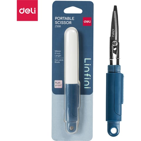 ⁨Nożyczki kompaktowe w bezpiecznym etui Linfini niebieskie EZ508B DELI⁩ w sklepie Wasserman.eu