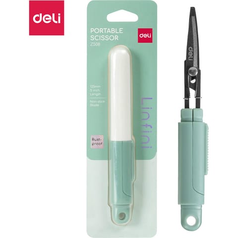 ⁨Nożyczki kompaktowe w bezpiecznym etui Linfini zielone EZ508GR DELI⁩ w sklepie Wasserman.eu