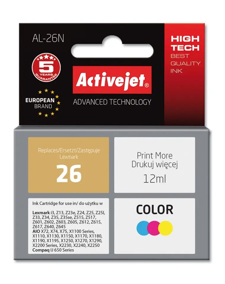 ⁨Activejet AL-26N Ink Cartridge (replacement for Lexmark 26 10N0026; Supreme; 12 ml; color)⁩ at Wasserman.eu