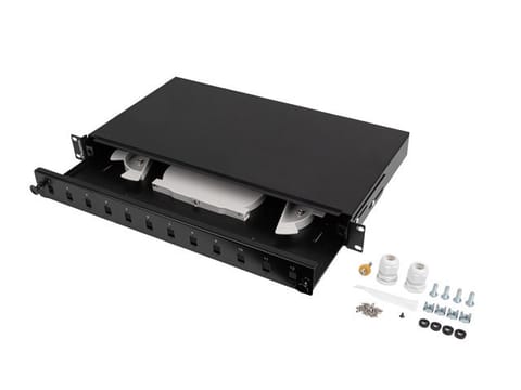 ⁨Fiber Optic Distribution Box 12XSC simplex/12XLC duplex rack 19 1U black + accessories⁩ at Wasserman.eu