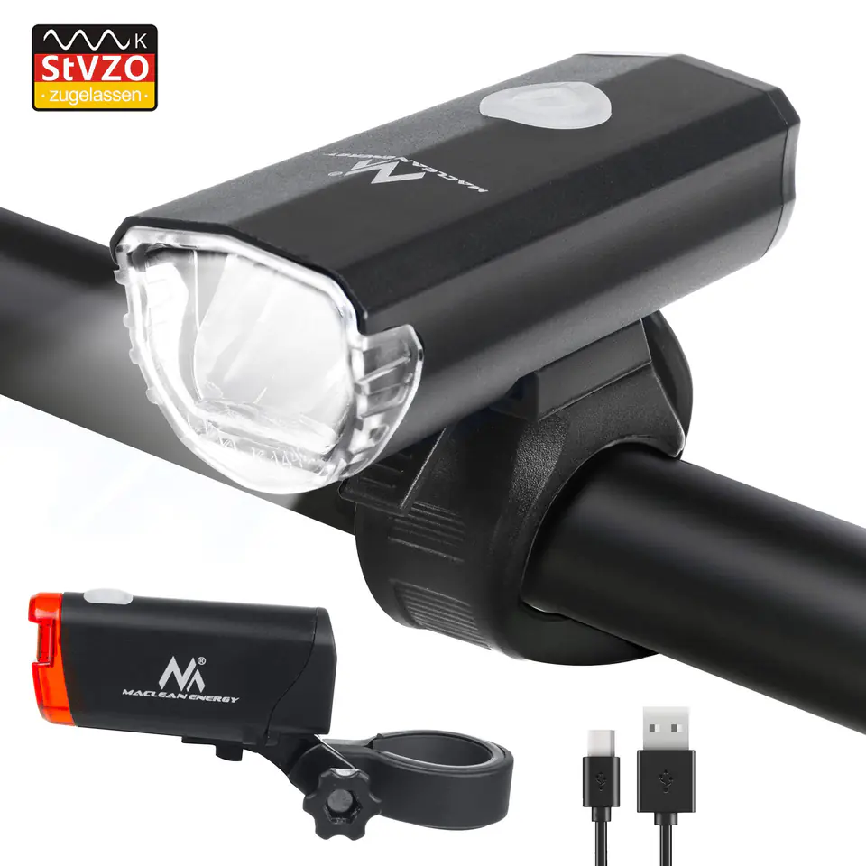 ⁨Maclean LED Bicycle Light, Front+Rear, 2 Modes, Built-in Battery, 1500mAh, Rear 2xAAA, StVZO Certified, MCE312⁩ at Wasserman.eu