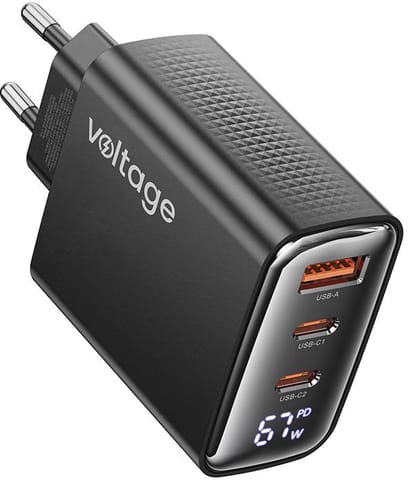 ⁨Ładowarka sieciowa Voltage GaN Charger 67W PD 3.0 QC 4.0 USB-A 2x USB-C Digital Display czarna⁩ w sklepie Wasserman.eu