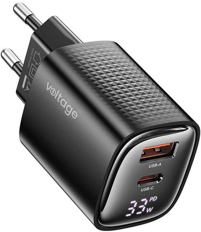 ⁨Ładowarka sieciowa Voltage GaN Charger Mini 33W PD 3.0 QC 3.0 USB-A USB-C Digital Display czarna⁩ w sklepie Wasserman.eu